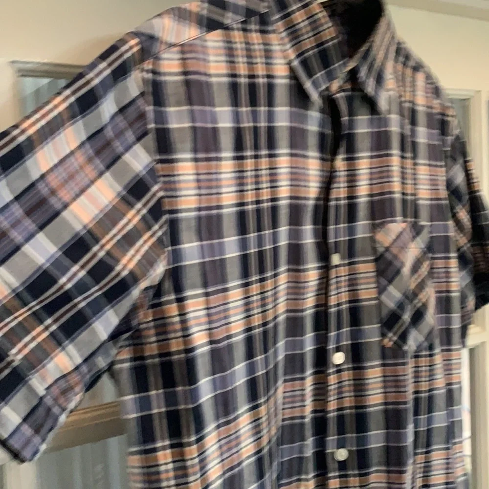 Banana Republic blue & orange plaid short sleeve button down shirt